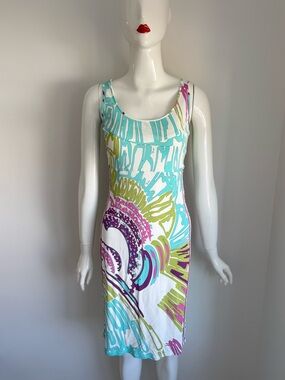 Authentic Emilio Pucci Sleeveless Midi Dress in Turquoise, Lime & Purple